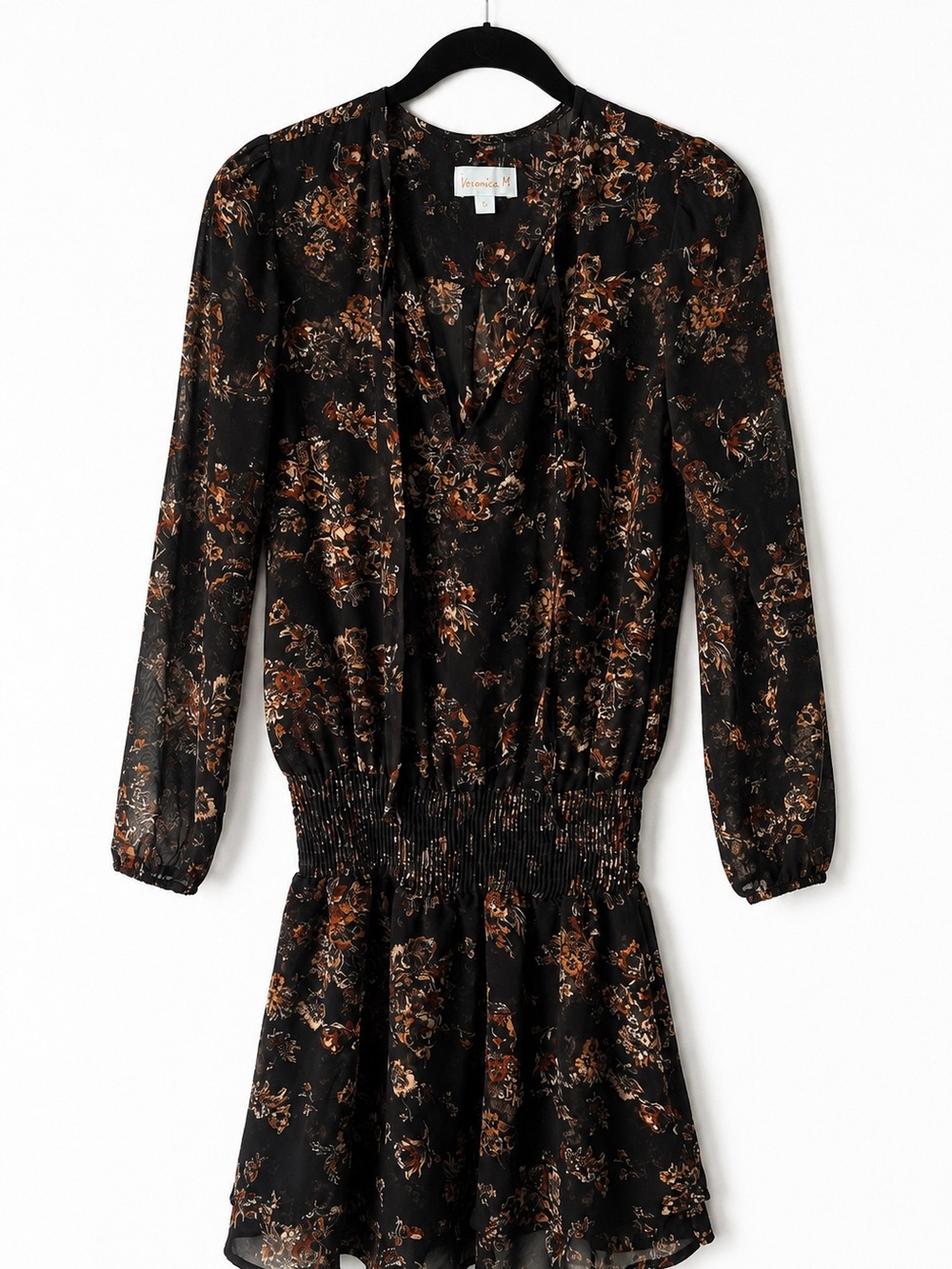 Veronica M Black Floral Long Sleeve Smocked Waist Mini Dress with Brown Accents